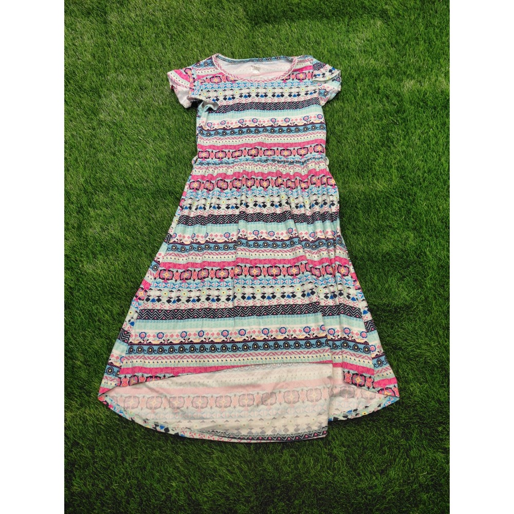 Star Ride Girls High Low Dress M 10/12 Multi Tribal Geometric Short Sleeve